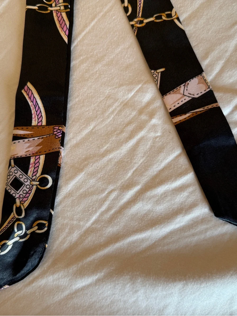 Twill Silk Scarf Ribbon Belt Print Head Bag Neck Tie 34” Black Chain Keychain